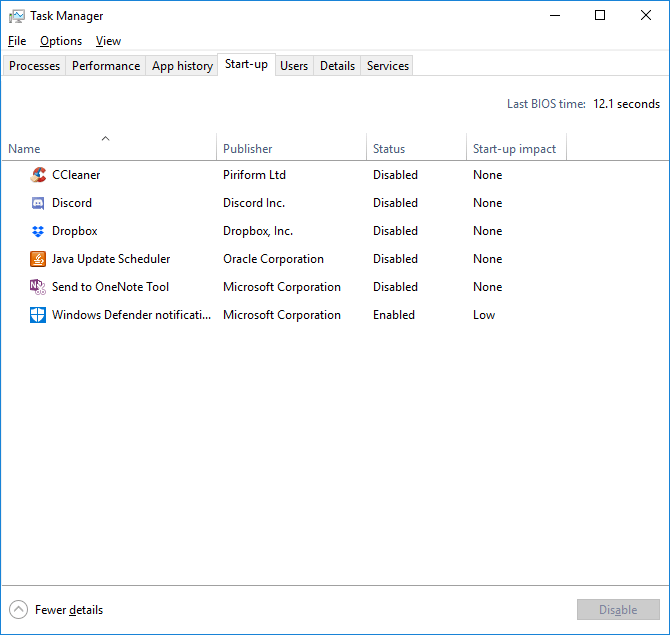 Task Manager on Win10 - startup