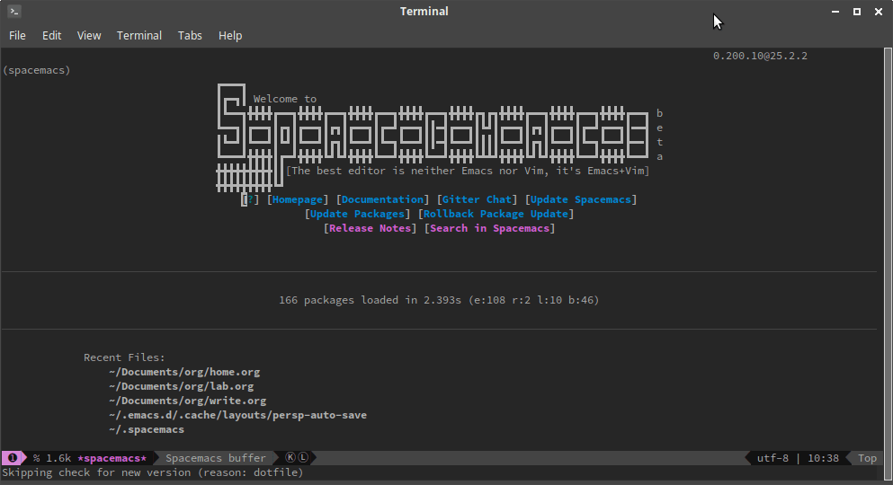 Spacemacs homescreen