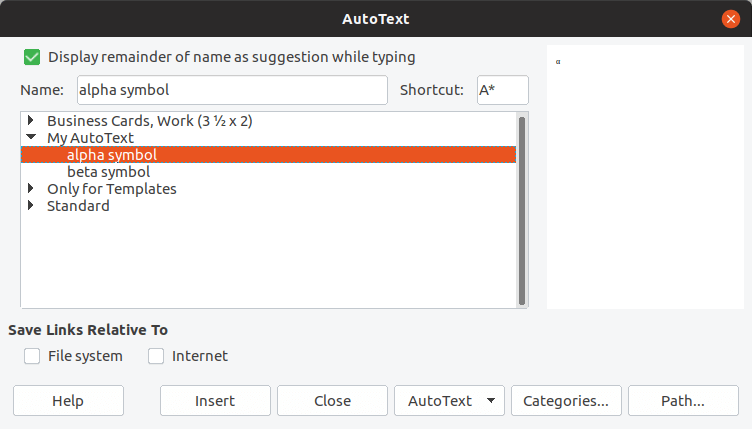 AutoText configuration